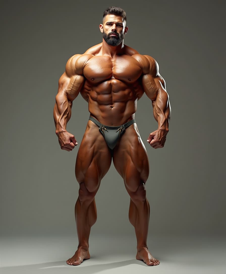 a muscular male bodybuilder in his 30s with a strong jawline, prominent cheekbones, and a confident expression, standing in a power pose with his legs wide apart, showcasing his imposing physique, with a slight sheen of sweat on his skin, set against a neutral gray background, with a shallow depth of field to emphasize his muscles, lit by soft, warm, golden hour lighting that accentuates the definition of his body, with a subtle gradient of earthy tones such as sienna and umber in the shading, and a sense of classical realism in the render style.