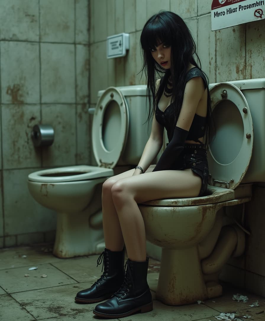 female gothic girl, no pants,  sitting on dirty public toilet