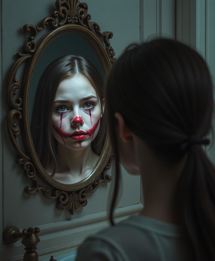 a girl with face near the mirror with horror background