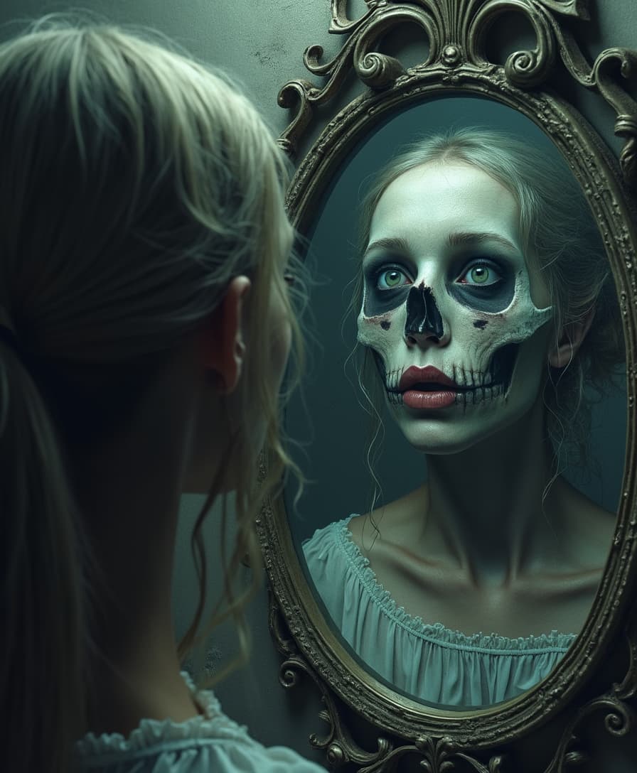a girl with face near the mirror and saw her skull face in mirror, horror background, dark atmosphere, low light