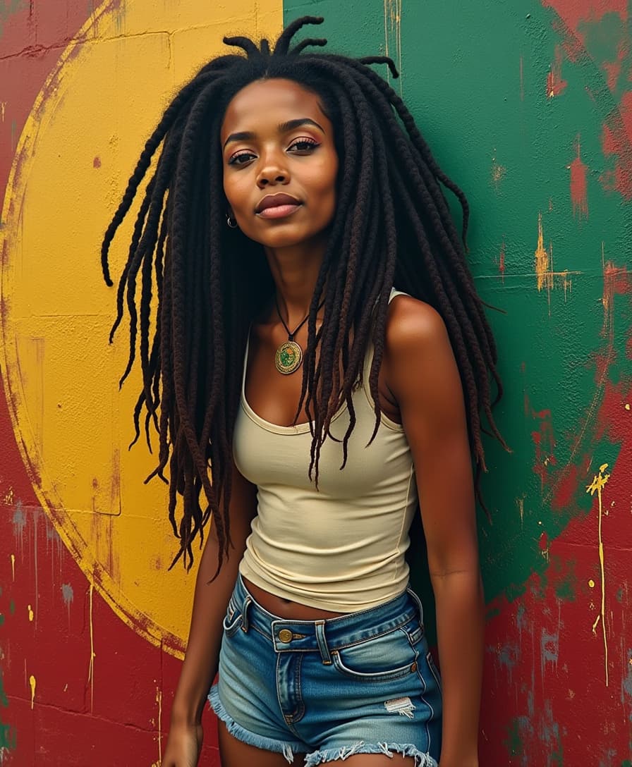 Brazilian girl with tank top and shorts standing in front of Illustrate a modern interpretation of  bob marley  urban mural, blending traditional Rastafarian elements with contemporary street art influences