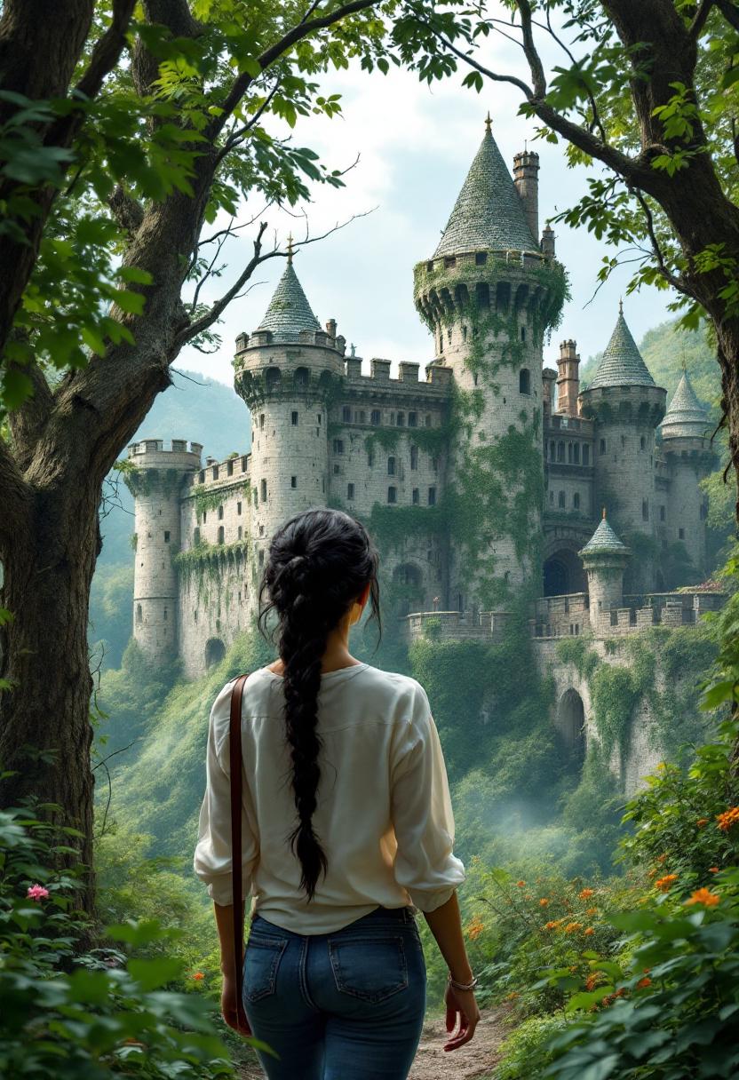 a 39 year old woman with long black hair in a braid, wearing jeans and a white blouse, walking in the woods sees an ancient castle in the trees, covered in vines.  The castle has turrets and battlements and is surrounded by a wall with a gatehouse 