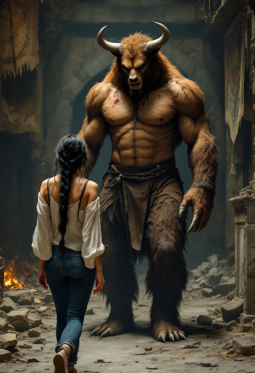 a 39 year old woman with long black hair in a braid, wearing jeans and a white blouse, walking in the inside an ancient castle. All of the furnishing are broken and rotten, tattered tapestries hang on the wall. The fireplace is dirty and full of ashes.  In front of her stands The Beast, a tall figure with the head of a bull, the body of a bear, and hands with claws. He is covered in brown fur and wears a pair of old leather pants.   His bare chest is covered in scars and old wounds