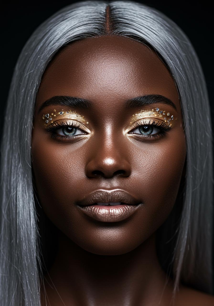 Hyper detailed, extremely detailed, UHD, 8k, 35mm, Canon EOS 5D, portrait of black female teenager, intrinsic detailed skin, bright clear eyes, straight silver hair, massive metallic makeup, silver and golden eye shadow, light mascara, slight smile, perfect teeth,