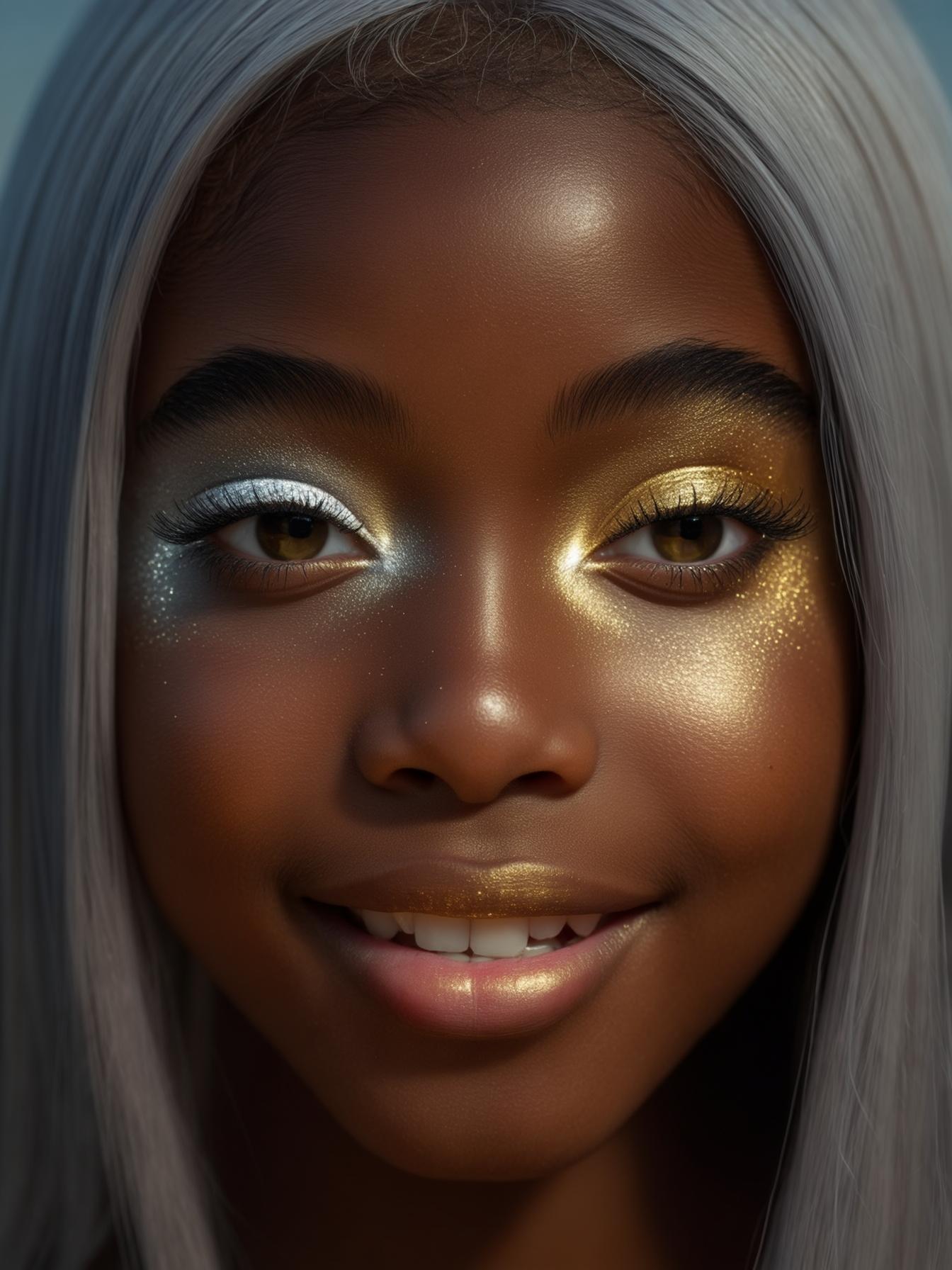 **Hyper detailed, extremely detailed, UHD, 8k portrait of a black female teenager**, captured with a **35mm lens on a Canon EOS 5D**, showcasing:

- **Intrinsic detailed skin** with a natural, luminous glow, emphasizing the texture and pore structure.
- **Bright, clear eyes** that sparkle with life, reflecting ambient light.
- **Straight silver hair**, flowing and lustrous, with each strand defined and highlighted by the camera's depth of field.
- **Massive metallic makeup**: 
  - **Silver and golden eye shadow** applied with precision, creating an otherworldly effect, blending seamlessly into the skin.
  - **Light mascara** that adds just a hint of volume to the lashes, enhancing the eyes' expressiveness.
- **Slight smile** that reveals **perfect teeth**, captured with a soft focus to maintain the image's natural feel.
  
*The composition features the subject slightly off-center, with the hair framing the face to draw attention to the eyes and makeup. The lighting is soft, diffused from the side to highlight the metallic makeup, creating a subtle glow around the face. The mood is serene yet captivating, with the ambiance suggesting a calm, early evening light, perfect for showcasing the intricate details of the subject's appearance. The image should evoke a sense of timeless elegance, blending contemporary fashion with classic portraiture techniques.*