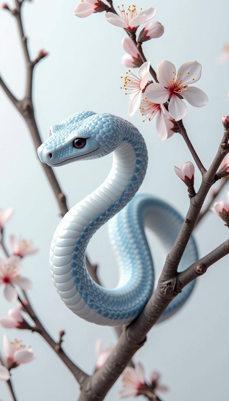 A white snake made of blue and white porcelain, with delicate floral patterns on its body, coiled around the branches of blooming cherry blossoms. The background is pure white, creating an atmosphere full of mystery and elegance. Use macro photography to capture every detail of the patterned scales, the texture of the skin, and even the subtle movements of the fangs.