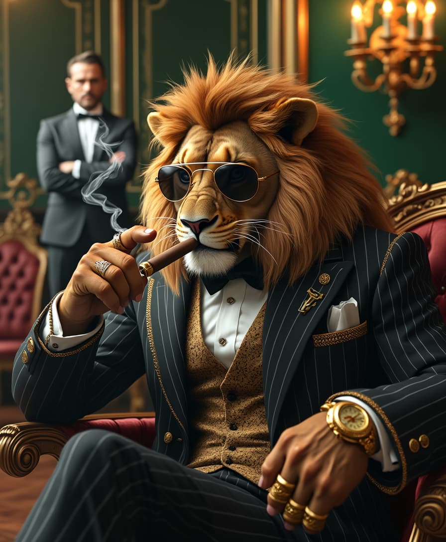 A powerful and regal anthropomorphic lion sitting in a luxurious, vintage-style lounge, exuding dominance and authority. The lion has a majestic golden mane, sharp feline eyes, and wears dark aviator sunglasses. He is dressed in a finely tailored black pinstripe suit with gold embroidery, a sophisticated vest, and a crisp white dress shirt with a black bow tie. His muscular build is evident beneath the suit, and he wears luxurious gold rings on his fingers. He elegantly smokes a cigar, with smoke curling in the air, while resting one hand on an ornate gold pocket watch. The background features an aristocratic room with deep green walls, golden accents, and candlelit chandeliers. A well-dressed man in a tuxedo stands in the background, arms crossed, watching attentively. The warm lighting and rich textures create a cinematic and regal atmosphere, reminiscent of a mafia boss in a high-stakes negotiation. 