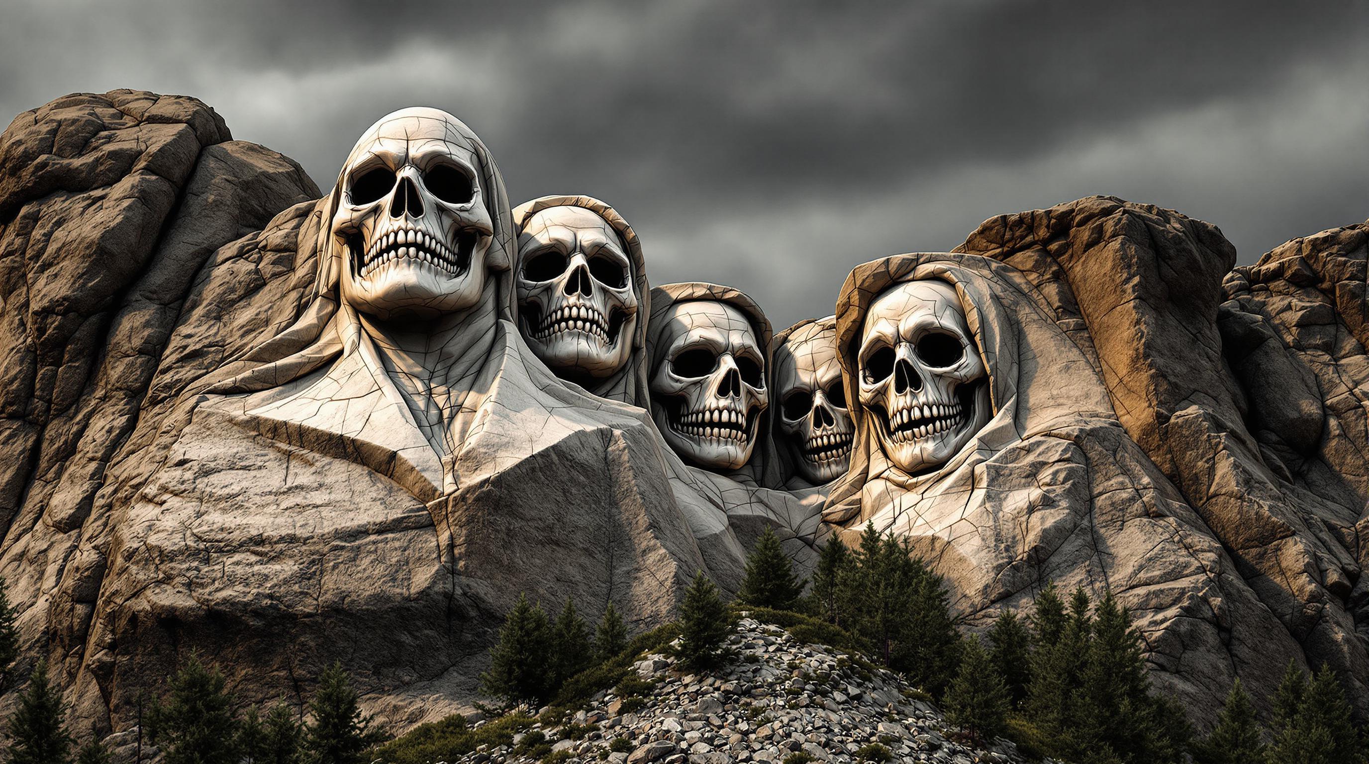 An epic Mount Rushmore-style monument carved into a rocky mountain, featuring the faces of four Grim Reapers with menacing grin. The carvings should blend naturally into the rocky surface with realistic shadows and depth, while the background features a gloomy sky with wispy clouds. The image should be high-detail, ultra-realistic, and cinematic💀💀💀