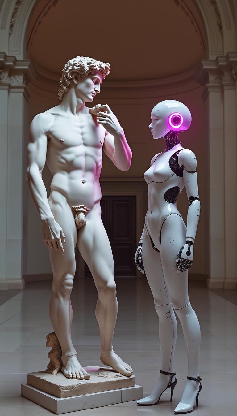 full-length statue of Michaelangelo’s David and white futuristic female robot discussing art against the backdrop of the Louvre, with the robot’s helmet emitting pink neon light illuminating David’s face
