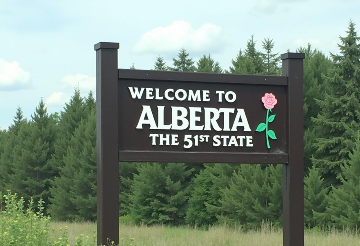 Text on sign reads "WELCOME TO ALBERTA THE 51ST STATE" with a small pink rose