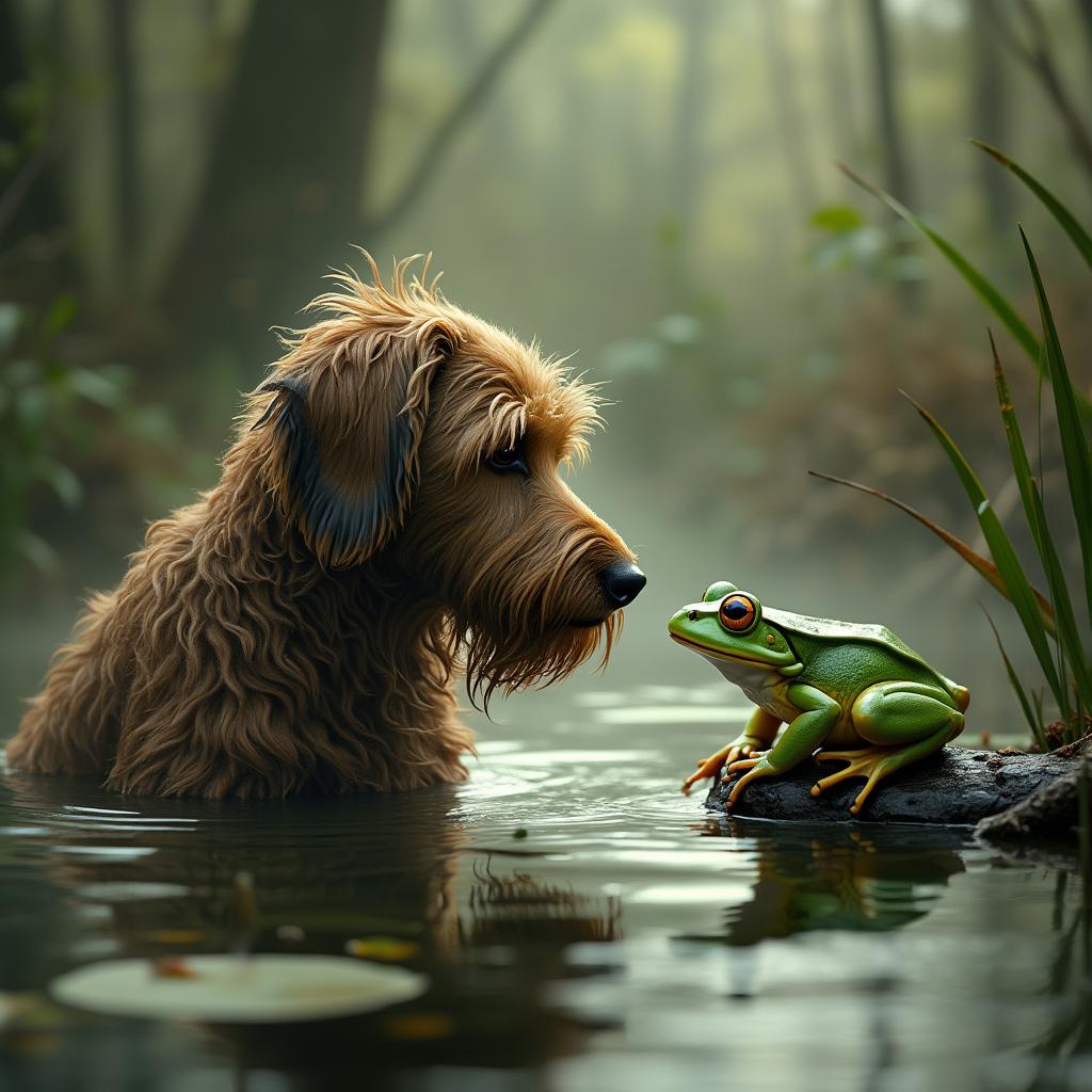 **Prompt:**

Create an image of a **dog** with a **wet, shaggy fur texture**, standing in the **middle of a bog** with **mossy, earthy tones** and **subtle reflections** in the water. The **frog** should be **perched on a lily pad** or **log**, with **vibrant green hues** and **distinctive eye markings**. The scene should evoke a **mystical, serene atmosphere** with **soft, diffused lighting** suggesting **late afternoon**. Employ a **cinematic wide-angle lens** to capture the **expansive, misty bog environment**. Use a **photo-realistic** style with **high dynamic range (HDR)** to emphasize the **rich colors** and **textures** of the natural setting. The **dog** should appear **curious or playful**, looking at the **frog**, creating a **narrative of interaction** within this **wild, untouched landscape**.