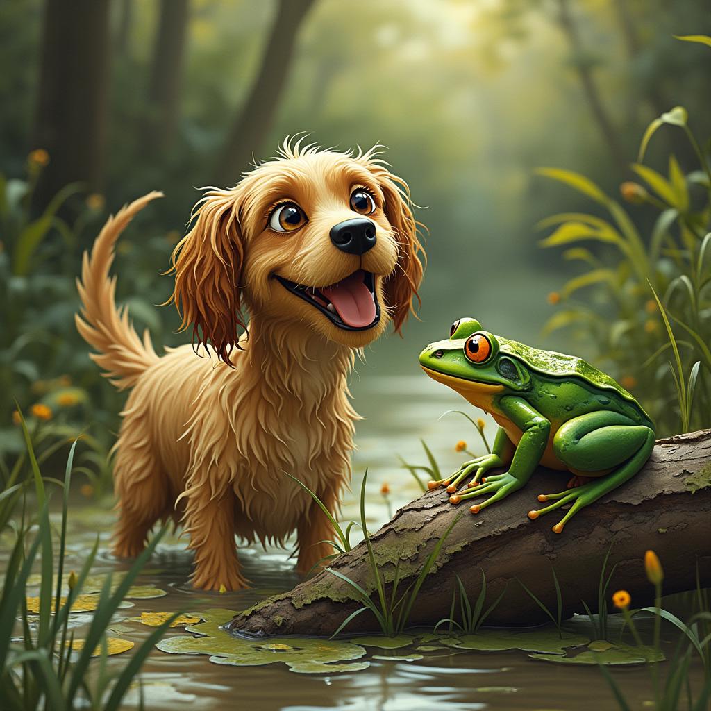 A detailed and whimsical scene featuring **a dog**, its fur wet and matted from the bog's muddy waters, standing amidst the **lush, green vegetation** of the marsh. The dog, possibly a retriever, has a **gleeful expression**, with its eyes bright and its tail wagging, suggesting a sense of adventure or play. Nearby, **a frog**, with vibrant green skin and golden eyes, perches on a **decaying log**, its surface covered in moss and lichen, enhancing the natural decay and rebirth theme of the bog. The composition focuses on the interaction between these two creatures, with the dog looking curiously at the frog, creating a sense of narrative and connection. 

- **Style**: This scene should evoke the feel of **storybook illustration**, with a touch of realism to ground the fantasy in nature. Think of the whimsical style of Beatrix Potter or the detailed, naturalistic illustrations by Arthur Rackham, but with a modern twist.

- **Lighting**: The lighting should be **soft and diffused**, as if filtered through the dense canopy of trees above, casting a gentle, dappled light over the scene, enhancing the sense of a hidden, magical place.

- **Mood and Atmosphere**: The atmosphere should be **serene yet playful**, with an underlying theme of nature's harmony. The time of day should be late afternoon, with the sun low in the sky, casting long shadows and giving the bog a magical, almost otherworldly glow.

- **Technical Aspects**: Utilize techniques like **selective focus** to emphasize the interaction between the dog and frog, with the surrounding bog in softer focus. Employ **vignetting** to draw the viewer's eye towards the central characters, and use **high dynamic range** to capture the range of light and shadow in this natural setting.

- **Cohesion**: Ensure that the colors are earthy yet vibrant, with the dog's fur and the frog's skin standing out against the muted greens and browns of the bog. The log should appear as part of the landscape, integrated naturally into the scene, enhancing the realism and believability of this fantastical encounter.