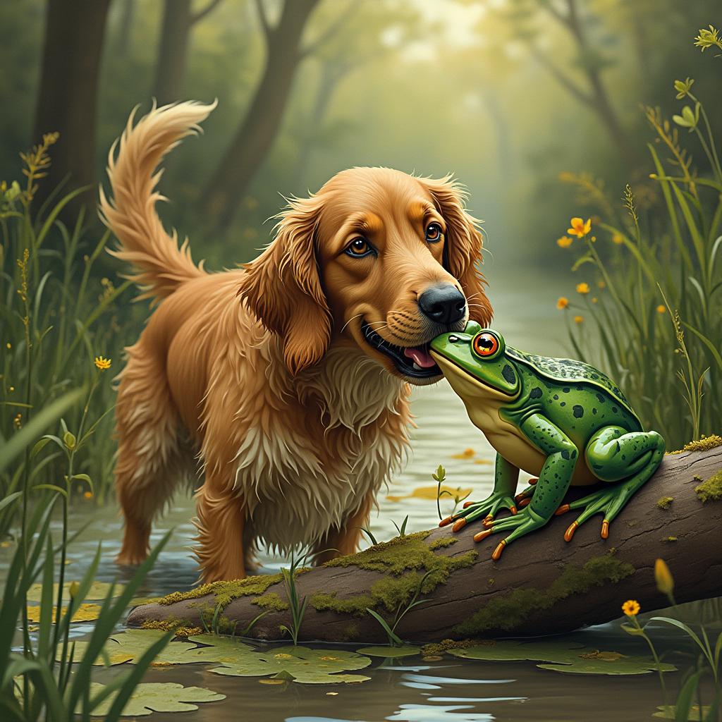 A detailed and whimsical scene featuring **a dog**, its fur wet and matted from the bog's muddy waters, standing amidst the **lush, green vegetation** of the marsh. The dog, possibly a retriever, has a **gleeful expression**, with its eyes bright and its tail wagging, suggesting a sense of adventure or play. Nearby, **a frog**, with vibrant green skin and golden eyes, perches on a **decaying log**, its surface covered in moss and lichen, enhancing the natural decay and rebirth theme of the bog. The composition focuses on the **dog eating the frog**, with the frog's legs still visible in the dog's mouth, creating a sense of narrative and connection.

- **Style**: This scene should evoke the feel of **storybook illustration**, with a touch of realism to ground the fantasy in nature. Think of the whimsical style of Beatrix Potter or the detailed, naturalistic illustrations by Arthur Rackham, but with a modern twist.

- **Lighting**: The lighting should be **soft and diffused**, as if filtered through the dense canopy of trees above, casting a gentle, dappled light over the scene, enhancing the sense of a hidden, magical place.

- **Mood and Atmosphere**: The atmosphere should be **serene yet playful**, with an underlying theme of nature's harmony. The time of day should be late afternoon, with the sun low in the sky, casting long shadows and giving the bog a magical, almost otherworldly glow.

- **Technical Aspects**: Utilize techniques like **selective focus** to emphasize the interaction between the dog and frog, with the surrounding bog in softer focus. Employ **vignetting** to draw the viewer's eye towards the central characters, and use **high dynamic range** to capture the range of light and shadow in this natural setting.

- **Cohesion**: Ensure that the colors are earthy yet vibrant, with the dog's fur and the frog's skin standing out against the muted greens and browns of the bog. The log should appear as part of the landscape, integrated naturally into the scene, enhancing the realism and believability of this fantastical encounter.