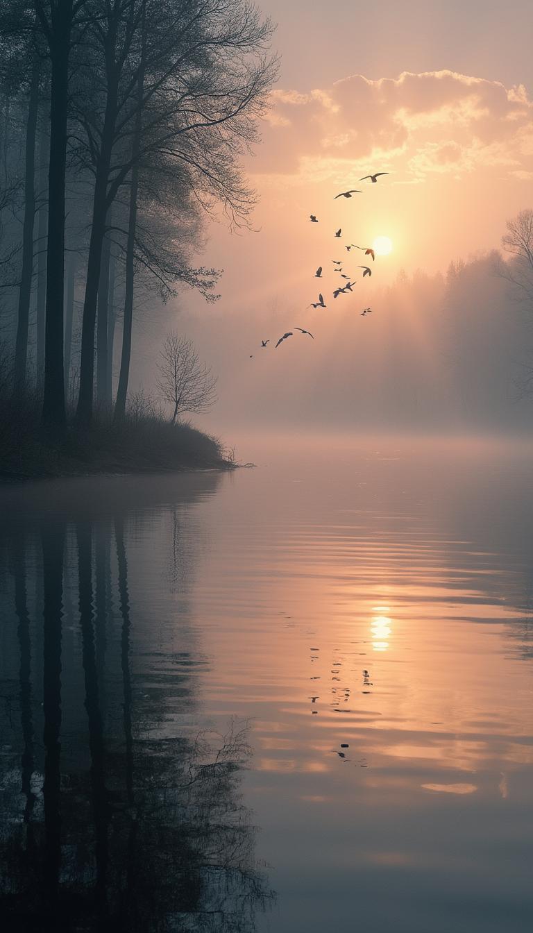 A serene, ethereal landscape at dawn, where nature embodies divine stillness. A calm, glassy lake reflects the golden-pink hues of the sunrise. The world is motionless: trees stand tall, their leaves frozen mid-sway; a flock of birds hovers motionless in the air; ripples on the lake seem paused in time.  In the background, faint, glowing rays of light break through misty clouds. The atmosphere feels sacred, as though time itself has paused to honor this moment of divine stillness.
