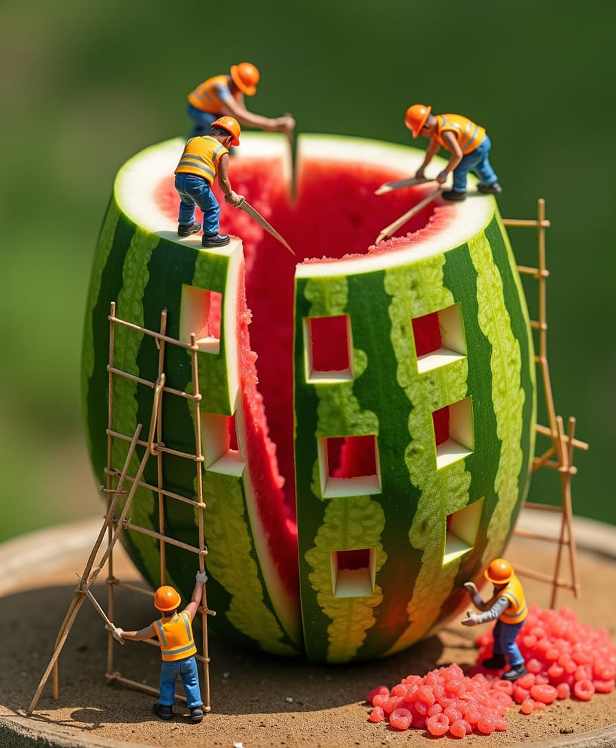 Mini construction workers are carving a huge watermelon as if it were a skyscraper under construction. Some are on scaffolding cutting away the red pulp, while others are installing "windows" made of watermelon seeds. The bright green skin of the watermelon contrasts with the deep red inside. Workers wear reflective vests and orange helmets. Sunny day lighting, with soft shadows that add realism to the scene. Aerial shot with isometric perspective, showing the scale of the work compared to the watermelon.

