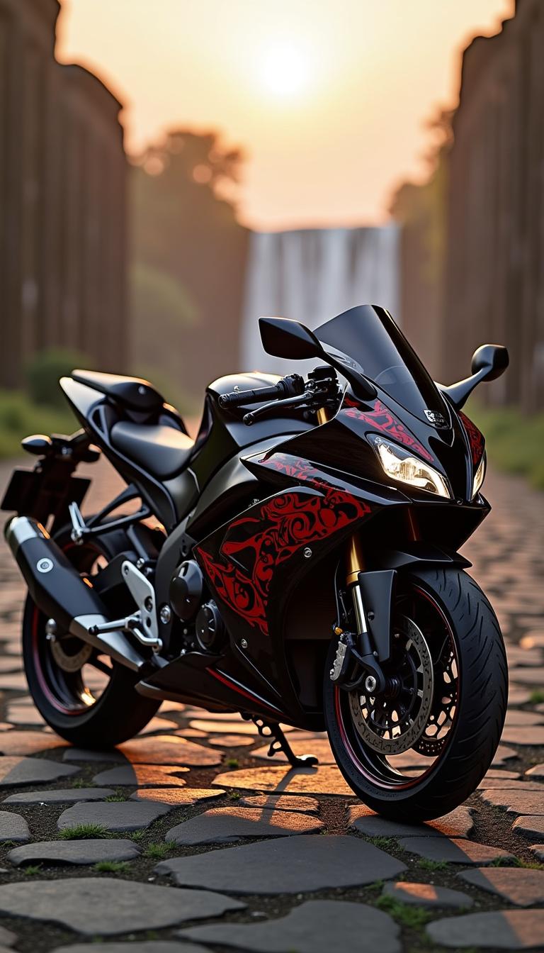A stealthy black ninja 400 motorbike, its sleek design stark against the backdrop of an ancient ruin at sunset. The motorcycle glistens in the fading light, showcasing intricate patterns etched into its scarlet frame. In the distance, a majestic **waterfall**cascades over the ancient stones, adding a sense of serene beauty to the scene. This stunning photograph captures a moment of juxtaposition between modern machinery and ancient architecture, creating a striking and captivating image, showcasing**ancient god like** scenery 