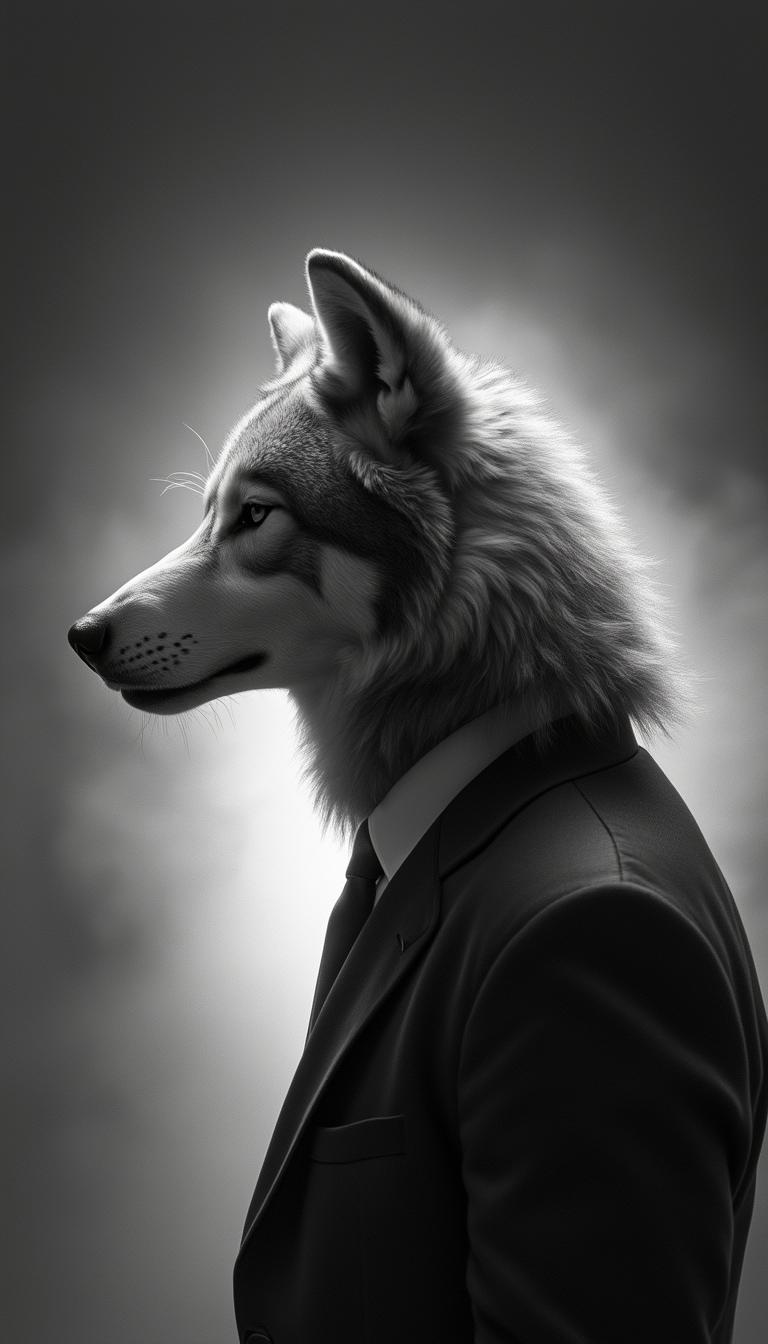 Profile portrait and backlight of the head of a humanoid wolf with a suit and tie, black and white, epic, honor, high key
