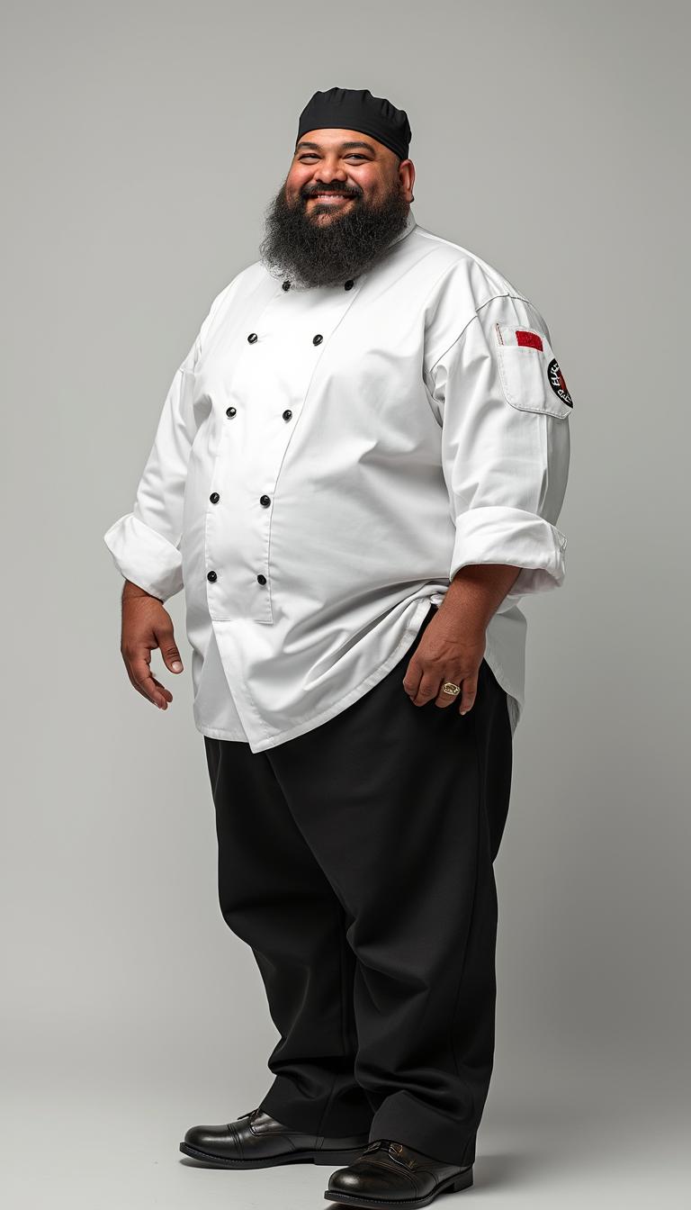 Mid 20’s Native American male, tall/hefty, joking grin, full body, wearing all white chef coat and black chef pants, black hat