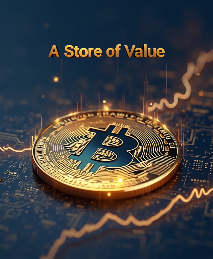 A visually striking digital illustration depicting Bitcoin as a store of value, set against a dark blue background, evoking a sense of sophistication and luxury, with subtle gold accents to convey wealth and prosperity. At the center, a large, shiny Bitcoin coin with a metallic sheen, surrounded by a halo of light, radiating an aura of security and dependability. In the background, subtle waves of circuit boards and financial graphs in muted colors, hinting at the digital nature of the cryptocurrency. To the top left, a faint, modern font with the phrase 'Store of Value' in gold, with clean lines and minimalist design. The overall style is a fusion of modern digital art and sleek financial graphics, with a focus on elegant composition and refined visual elements.