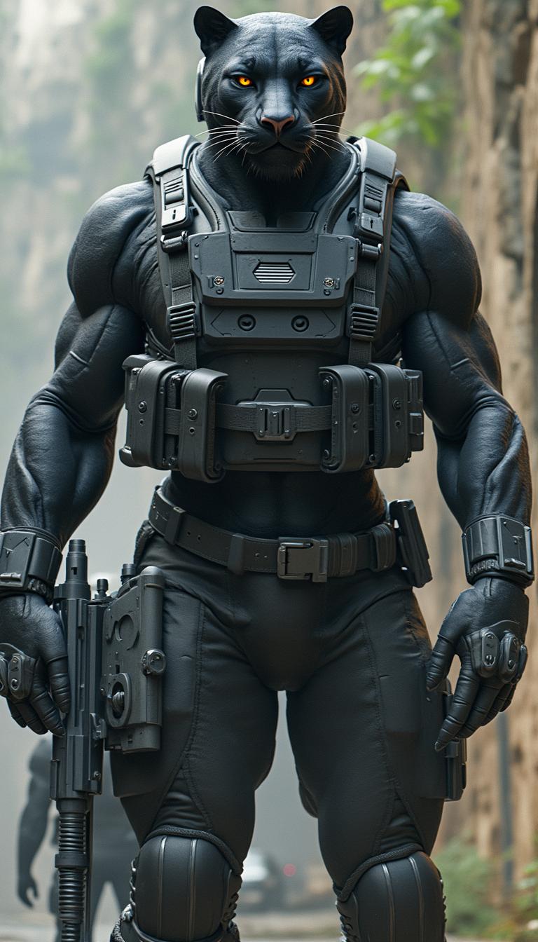 Giant humanoid panther special forces operator: A stealthy panther warrior, over 3 meters tall, with jet-black fur, clear bright eyes, and a muscular build. He dons a sleek combat uniform, armored shoulder straps, and a visor-equipped helmet. He grips a futuristic silenced submachine gun, with a human ally standing ready behind him.
