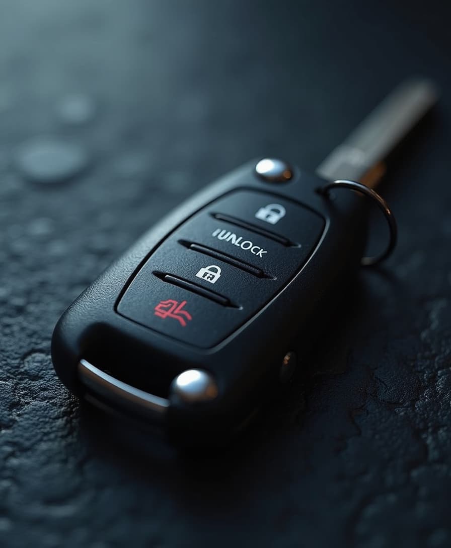 A highly detailed and realistic close-up of a modern car key placed on a dark, textured surface. The key features a sleek black design with metallic buttons for lock, unlock, and trunk release. The key fob has a glossy finish, reflecting soft ambient light. A metallic keyring is attached to it, possibly with a small branded tag. The lighting is moody and dramatic, casting soft shadows for a cinematic effect. The background is blurred to maintain focus on the key. Ultra-realistic style, high resolution, emphasizing fine details and textures.




