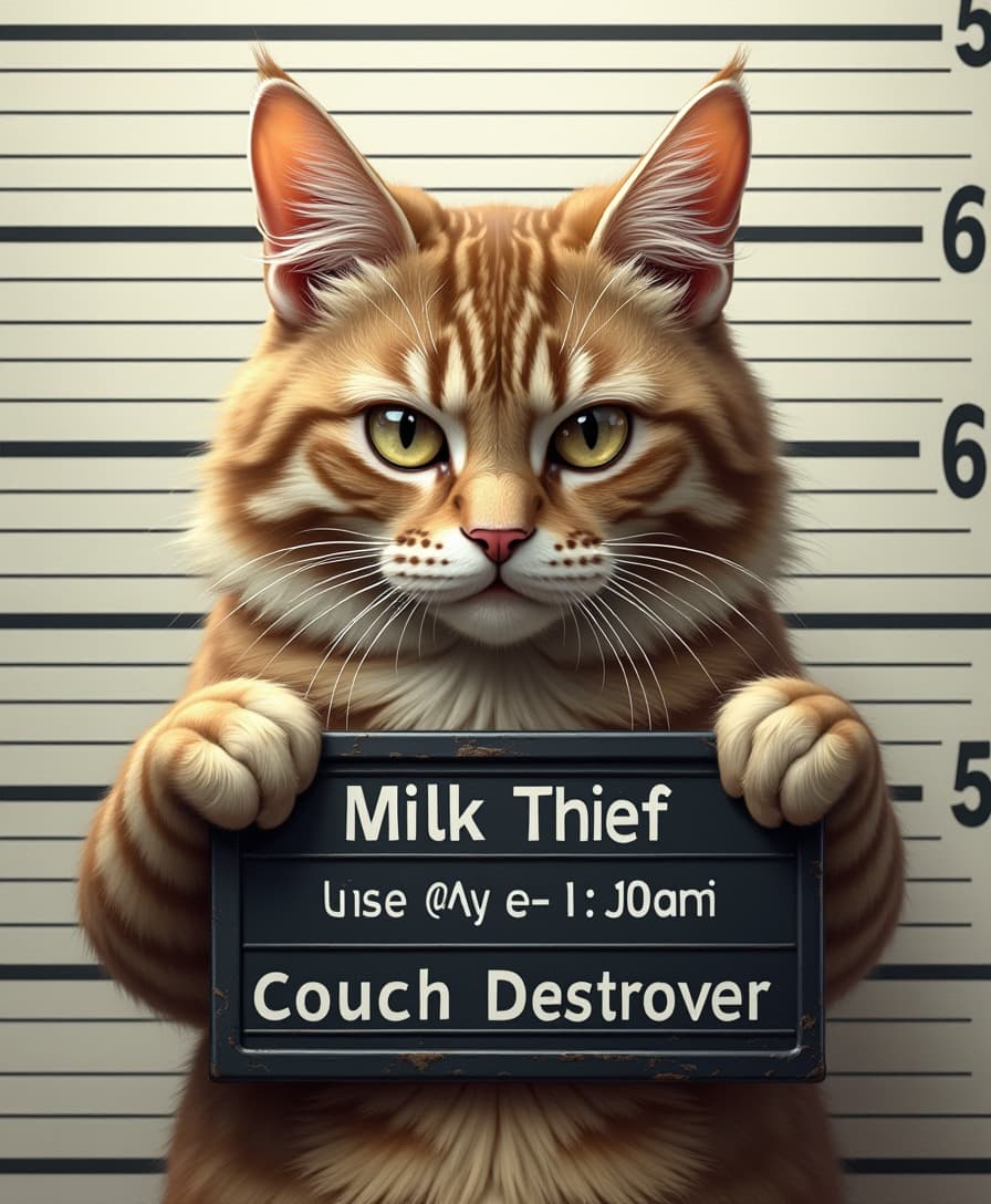 "A highly detailed and realistic digital illustration of a mischievous-looking cat in a classic police mugshot. The cat stands on its hind legs, holding a black police booking board with both front paws. The board displays a funny criminal ID and name, such as 'Milk Thief' or 'Couch Destroyer.' The cat has ruffled fur, intense eyes, and a slightly guilty expression. The background features a height chart with black horizontal measurement lines, just like a real mugshot setup. The lighting is soft and even, emphasizing the details in the cat’s fur and face. The image has a slightly gritty, high-contrast look, giving it an authentic police photo feel. No clothing on the cat, keeping it natural."
