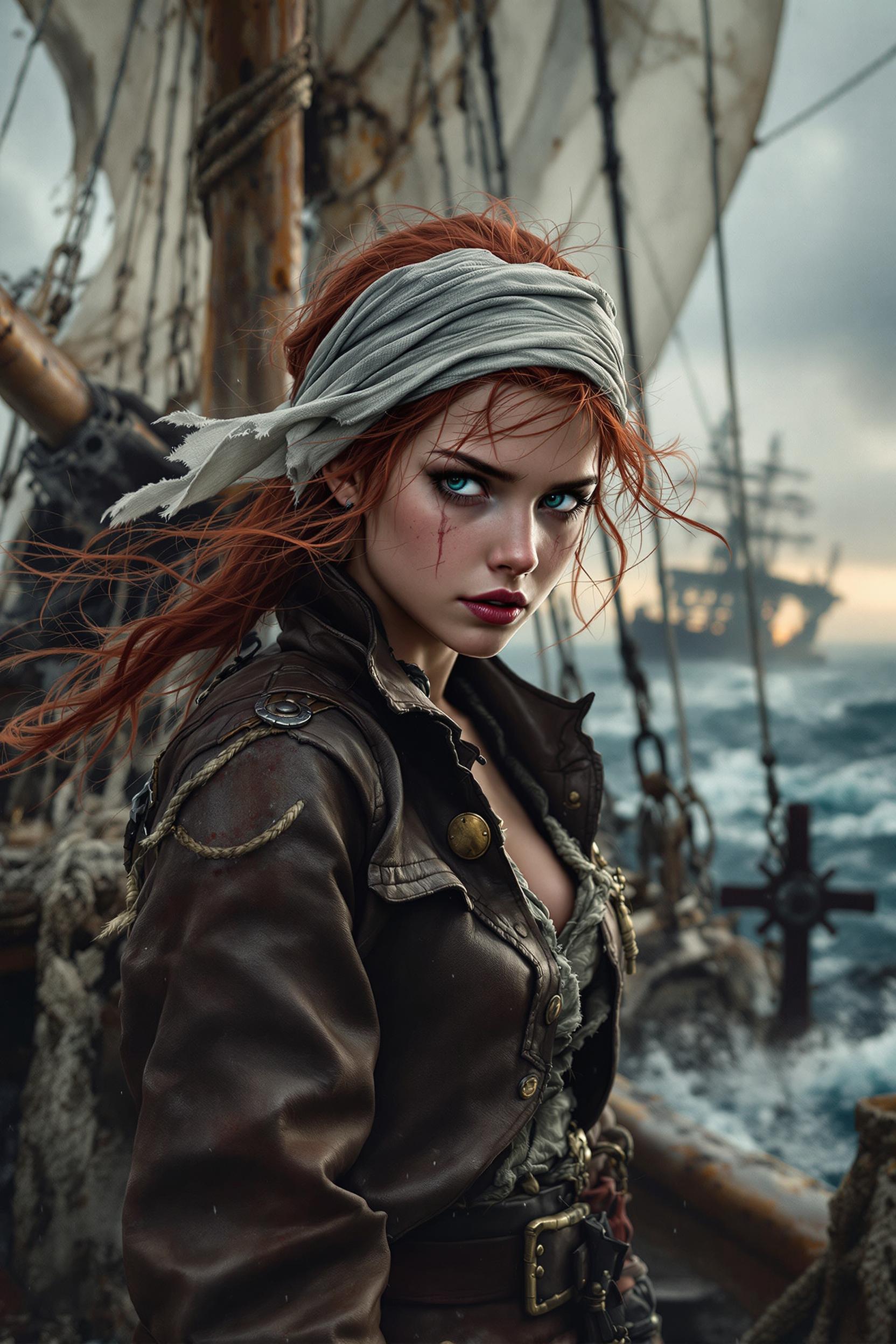 Dynamic portrait of a young pirate girl on the deck of a post-apocalyptic, dilapidated sailboat with torn ropes and a rusty rudder. The background is a stormy sea and a wreck in the distance. The heroine has windblown red hair, a cloth on her head and a gloomy, thoughtful face with an ultra-realistic skin texture. Her leather jacket shows signs of struggle and the passage of time. oil paint ultra-detailed 8k hd dark melancholy painting.