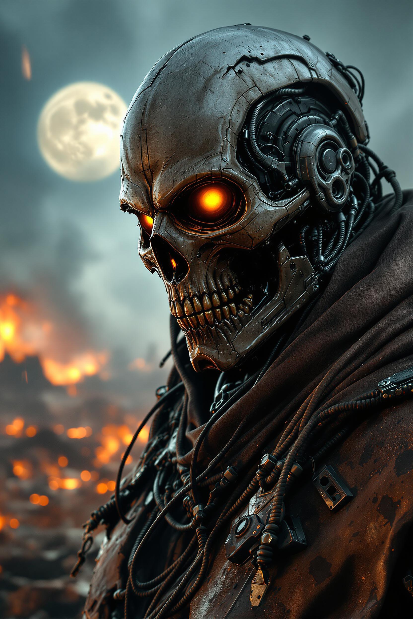 A highly detailed cybernetic skull-faced warrior with glowing orange and yellow eyes, its metallic surface scarred, weathered, and partially covered by a torn, charred cloak. The setting is a post-apocalyptic battlefield engulfed in fire, rain, and smoke, with a destroyed landscape and a full moon casting eerie light through the chaos. Mechanical wires and armor detail its worn, deadly frame.- Ultra-detailed.full hd 8k. Dark Dystopia
