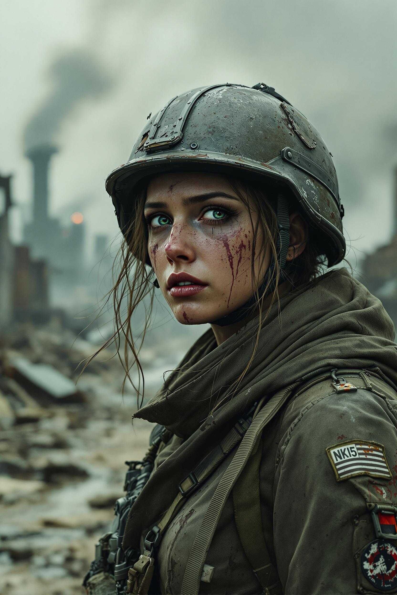 A battle-weary female soldier stands amidst a desolate, post-apocalyptic wasteland, her face dirty and bruised, streaked with tears of despair. Her eyes reflect deep sadness, staring off into the distance as smoke rises from the crumbling, industrial ruins. She has a dented helmet and torn uniform - colors of gray and rotten green - oppressive atmosphere. ultra-detailed ultra-natural utpoia. hd and 8k oil paints