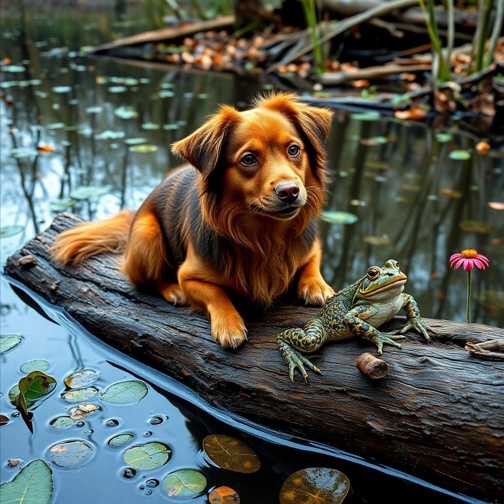 a dog in a bog on a log with a frog