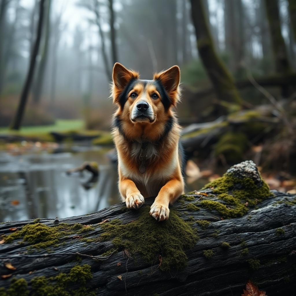 a dog in a bog on a log