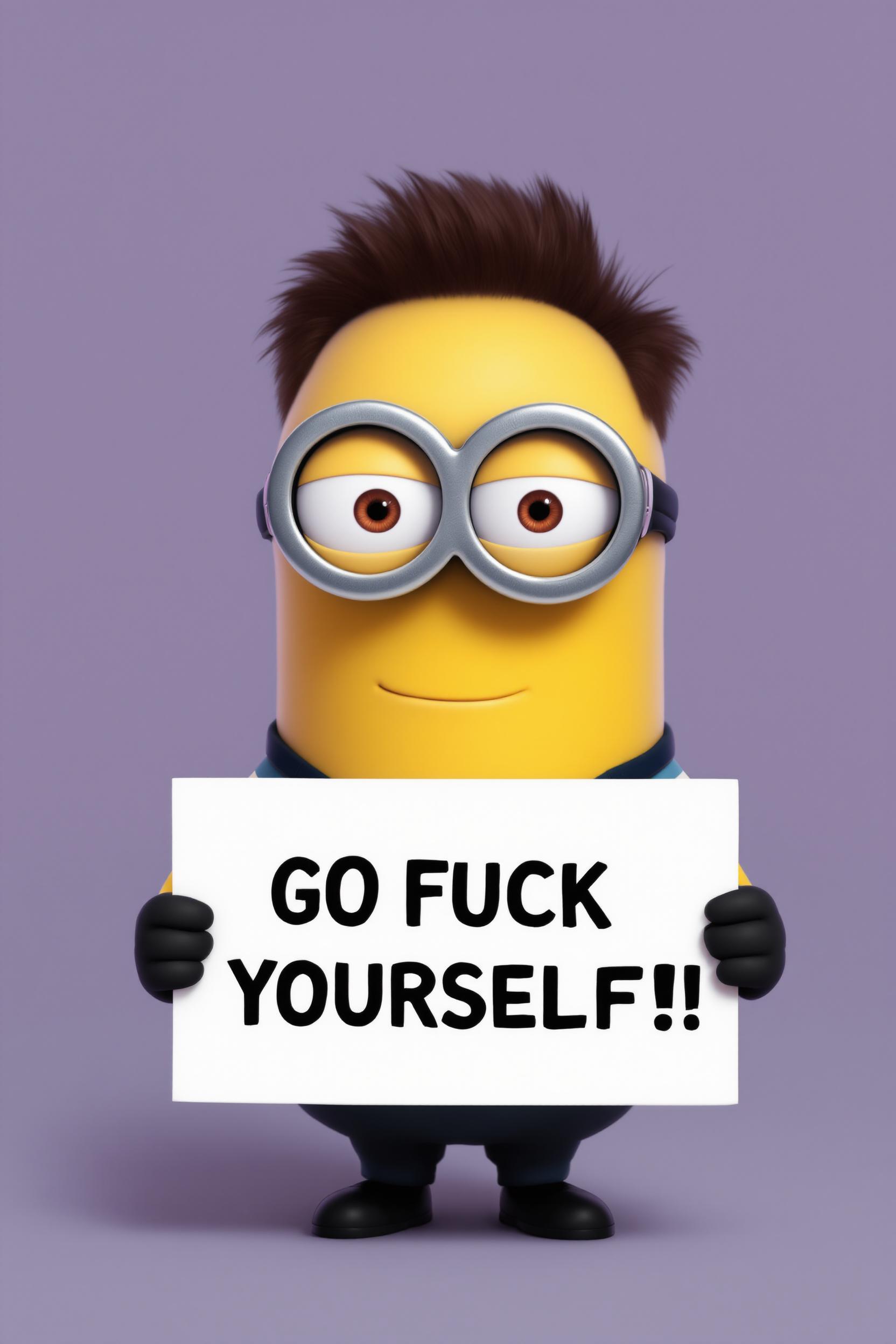 create a minion that looks like Elon Musk holding a sign that reads "GO FUCK YOURSELF!!" wearing a t-shirt with AI logo