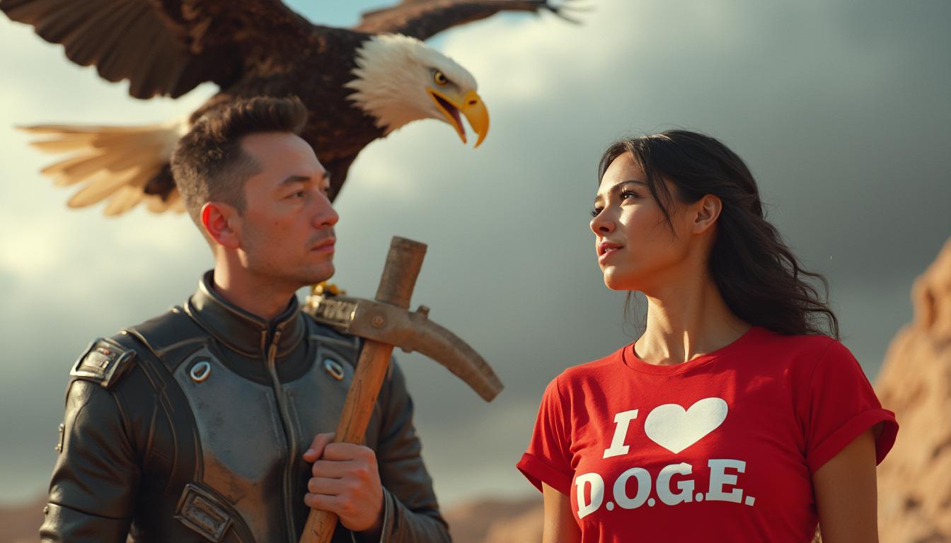 
Generate an image portraying a dynamic scene where Alexandria Ocasio-Cortez, styled with her distinctive dark hair and expressive eyes, wears a vibrant red t-shirt with bold, white text stating "I Love D.O.G.E". She gazes lovingly towards Elon Musk, who stands prominently in the foreground. Elon, dressed in a sleek, futuristic suit, wields a hefty sledgehammer, his posture strong and determined, his gaze fixed on an unseen goal. Above them, a majestic bald eagle soars, its wings outstretched, symbolizing freedom and power.

- **Visual Details**: Alexandria's shirt should have a playful, yet clear font for the "D.O.G.E" text, with slight wear for authenticity. Elon's suit should have metallic accents, reflecting light to suggest innovation. The sledgehammer should be large, with visible wear marks, symbolizing both utility and the breaking of barriers. The eagle's feathers should be detailed, capturing the essence of flight and freedom.

- **Style**: Employ a hyper-realistic style with a touch of surrealism, reminiscent of a high-definition movie still, blending realism with an almost dreamlike quality. Use techniques like chiaroscuro for depth in the characters' expressions.

- **Composition**: Position Alexandria slightly to the right, looking towards Elon on the left, creating a diagonal line of sight that leads the viewer's eye through the scene. The eagle should be positioned above, central, to balance the composition. Utilize a low camera angle to enhance the heroic stature of both figures.

- **Mood and Atmosphere**: Capture a moment of transition, with soft, golden hour lighting suggesting a hopeful, transformative time. The atmosphere should feel charged with potential, with a hint of humor and irony in the juxtaposition of elements.

- **Technical Aspects**: Use depth of field to blur the background slightly, focusing attention on the key figures. Employ sharp focus on the eagle to highlight its symbolic importance. The scene should have a high dynamic range to showcase the contrast between light and shadow.

- **Cohesion**: Ensure the elements together convey a narrative of progress, unity, and the breaking of old systems to build something new, with each component contributing to a scene that is both surprising and cohesive.
```