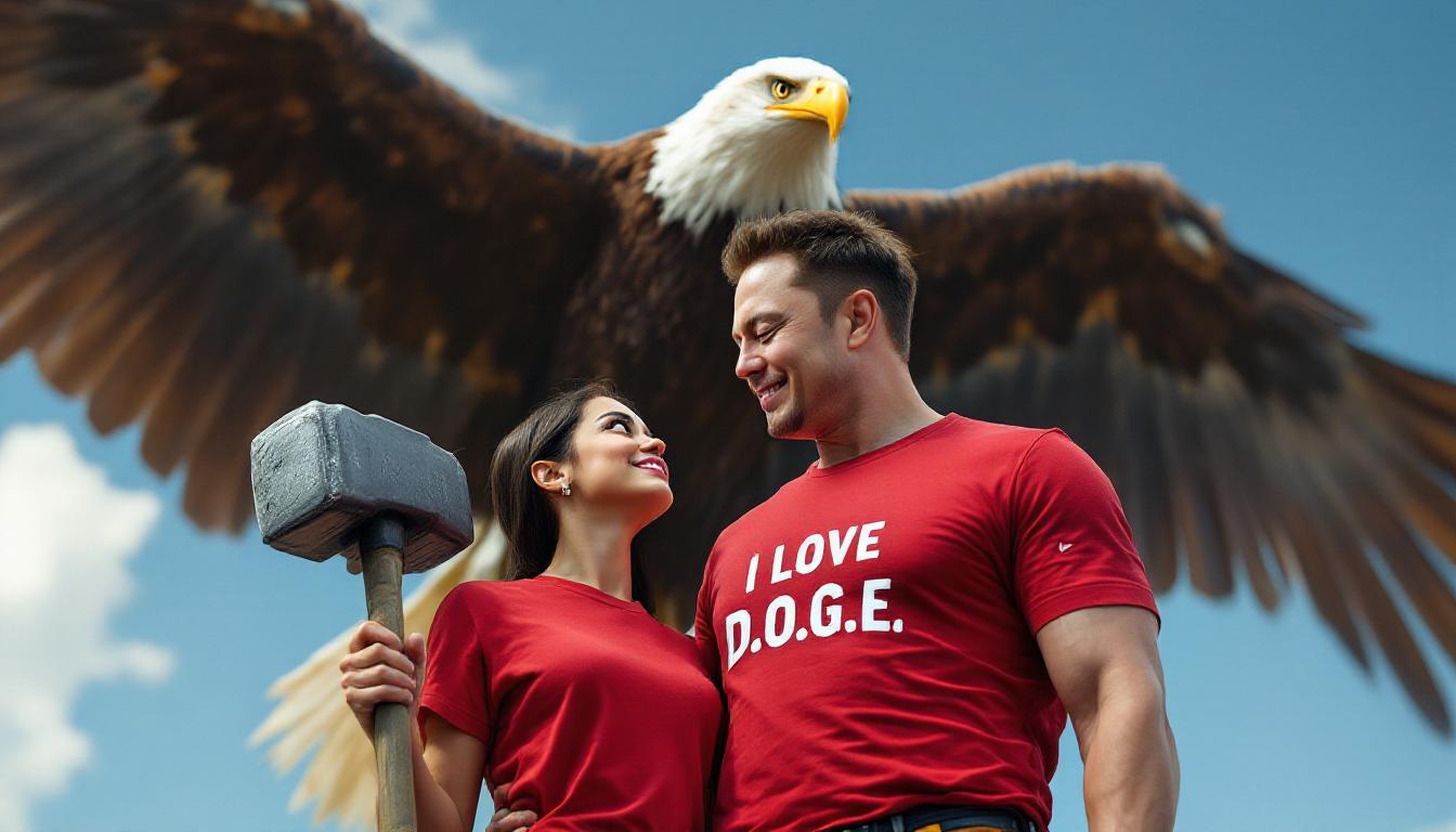 
Generate an image portraying a dynamic scene where Alexandria Ocasio-Cortez, styled with her distinctive dark hair and expressive eyes, wears a vibrant red t-shirt with bold, white text stating "I Love D.O.G.E". She gazes lovingly towards Elon Musk, who stands prominently in the foreground. Elon, dressed in a sleek, futuristic suit, wields a hefty sledgehammer, his posture strong and determined, his gaze fixed on an unseen goal. Above them, a majestic bald eagle soars, its wings outstretched, symbolizing freedom and power.

- **Visual Details**: Alexandria's shirt should have a playful, yet clear font for the "D.O.G.E" text, with slight wear for authenticity. Elon's suit should have metallic accents, reflecting light to suggest innovation. The sledgehammer should be large, with visible wear marks, symbolizing both utility and the breaking of barriers. The eagle's feathers should be detailed, capturing the essence of flight and freedom.

- **Style**: Employ a hyper-realistic style with a touch of surrealism, reminiscent of a high-definition movie still, blending realism with an almost dreamlike quality. Use techniques like chiaroscuro for depth in the characters' expressions.

- **Composition**: Position Alexandria slightly to the right, looking towards Elon on the left, creating a diagonal line of sight that leads the viewer's eye through the scene. The eagle should be positioned above, central, to balance the composition. Utilize a low camera angle to enhance the heroic stature of both figures.

- **Mood and Atmosphere**: Capture a moment of transition, with soft, golden hour lighting suggesting a hopeful, transformative time. The atmosphere should feel charged with potential, with a hint of humor and irony in the juxtaposition of elements.

- **Technical Aspects**: Use depth of field to blur the background slightly, focusing attention on the key figures. Employ sharp focus on the eagle to highlight its symbolic importance. The scene should have a high dynamic range to showcase the contrast between light and shadow.

- **Cohesion**: Ensure the elements together convey a narrative of progress, unity, and the breaking of old systems to build something new, with each component contributing to a scene that is both surprising and cohesive.
```