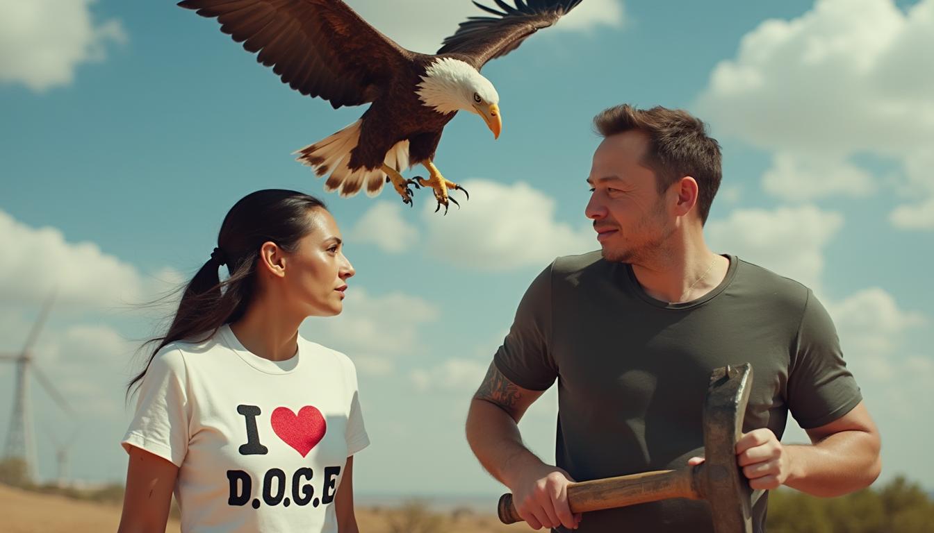 a photo of Alexandria Ocasio-Cortez wearing a shirt that reads I Love D.O.G.E looks lovingly at Elon Musk while he carrys a sledgehammer with an eagle flying overhead