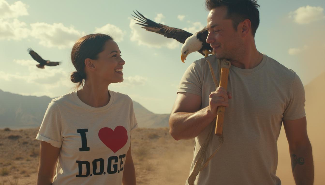 a photo of Alexandria Ocasio-Cortez wearing a shirt that reads I Love D.O.G.E looks lovingly at Elon Musk while he carrys a sledgehammer with an eagle flying overhead