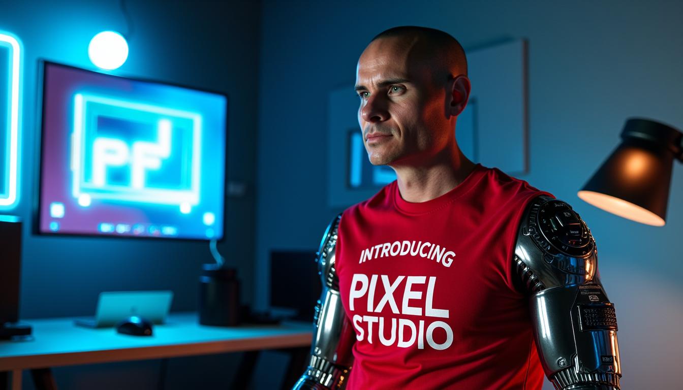 a photo of TOK, Create a high-resolution, professional-grade photograph featuring TOK, a futuristic character that is half man, half robot. TOK is adorned in a sleek, form-fitting shirt that reads "INTRODUCING PIXEL STUDIO" in bold, neon-lit text. 

**Visual Details:**
- TOK's human side should exhibit hyper-realistic skin texture with subtle imperfections, while the robotic side features polished metal surfaces with visible, intricate circuitry and mechanical joints. 
- The shirt should be a vibrant color, contrasting sharply with the environment, with the text glowing softly as if illuminated by internal LED lights.
- Lighting should be dramatic, with key lights highlighting TOK’s features and rim lighting to accentuate the blend of organic and synthetic elements.

**Style:**
- Adopt a cyberpunk aesthetic, reminiscent of high-tech dystopian films, with a focus on sharp, clean lines and futuristic design elements.
- Use a shallow depth of field to blur out the background, focusing on TOK.

**Composition:**
- TOK is positioned centrally, looking slightly off-camera, giving a sense of anticipation or invitation into the world of Pixel Studio.
- The camera angle should be slightly low to emphasize TOK’s imposing presence.
- The background features abstract, neon-lit shapes and sleek, minimalistic furniture or tech equipment.

**Mood and Atmosphere:**
- The scene should evoke a sense of innovation, excitement, and a touch of mystery. 
- Set the time in the evening or night, with the environment lit by a mix of cool and warm tones from various light sources, creating a moody, vibrant atmosphere.

**Technical Aspects:**
- Use a high dynamic range (HDR) to capture the wide range of light and shadow, enhancing the contrast between TOK’s human and robotic parts.
- Implement a soft focus for elements in the background to keep the viewer's focus on TOK.
- Employ a wide aperture to achieve the shallow depth of field, ensuring TOK stands out against a blurred, futuristic backdrop.

**Cohesion:**
- Ensure all elements, from TOK's appearance to the environment, contribute to a narrative of cutting-edge technology merging with human creativity, symbolized by Pixel Studio.