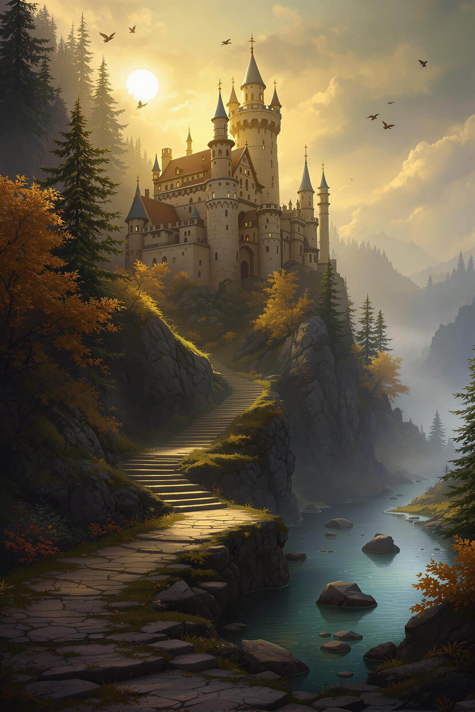 This image is a digital painting that captures a fantastical and serene landscape. The art style is reminiscent of a romanticized medieval or fantasy genre, with a focus on atmospheric perspective and a sense of depth. The medium appears to be digital painting software, given the smooth blending and gradients of color.The colors in the painting are rich and varied, with a predominance of earthy tones that give the scene a sense of warmth and timelessness. The sky is a gradient of light and shadow, with a sun peeking through the clouds on the left, casting a warm golden light across the scene. The light reflects off the water, creating a shimmering effect.The objects in the image are as follows1. A majestic castle perched atop a cliff, with multiple towers and battlements. The castle is the focal point of the painting and is depicted in great detail, with textured walls and intricate architectural features.2. A winding path leads up to the castle, bordered by lush greenery and autumnal trees with yellow and orange leaves. The path is a stone walkway with steps that ascend towards the castle.3. A tranquil river flows through the foreground, with rocks protruding from the waters surface. The river reflects the light from the sun and the castle, adding to the overall sense of calmness.4. The surrounding landscape is misty and wooded, with pine trees and other foliage that suggests a secluded and possibly magical setting.5. Birds can be seen flying in the sky, adding life and movement to the scene.Overall, the image evokes a sense of wonder, mystery, and peaceful solitude, inviting the viewer to imagine a story set in this enchanting world.