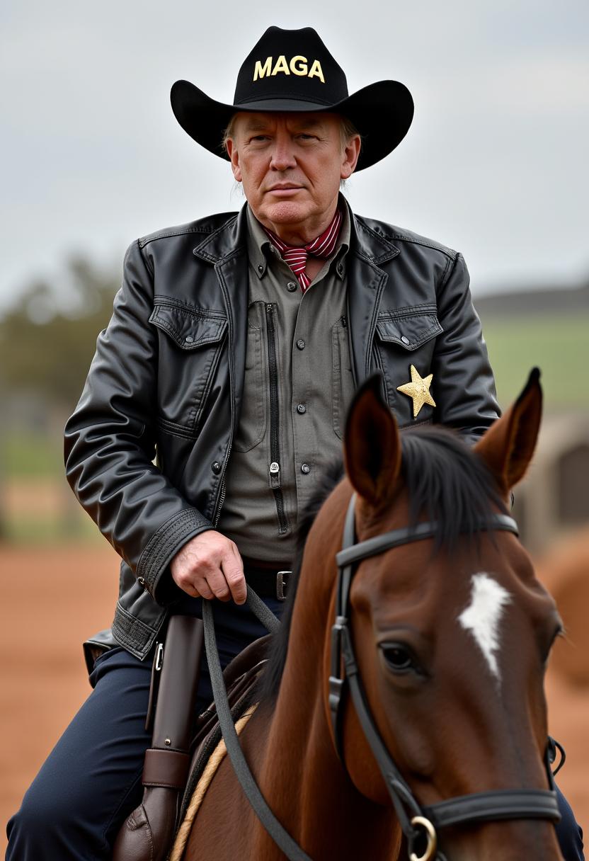 a photo of MAGA, a photo of MAGA Donald Trump riding a horse, dressed in a cowboy outfit, leather jacket, a shiny sheriffs badge, with a holster and six guns, cowboy hat with text that reads "MAGA" 