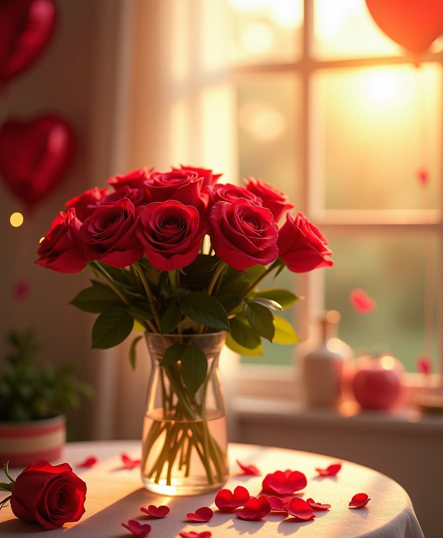A romantic and vibrant scene celebrating Rose Day, featuring a bouquet of fresh, dew-kissed red roses arranged elegantly in a glass vase. Soft, warm sunlight filters through a window, casting a golden glow on the roses and creating a dreamy atmosphere. In the background, a cozy room with subtle hints of Valentine's Day decorations, such as heart-shaped balloons and fairy lights. The image should evoke feelings of love, warmth, and celebration, with a focus on the beauty and elegance of the roses. High detail, ultra-realistic, 4K resolution, cinematic lighting.

