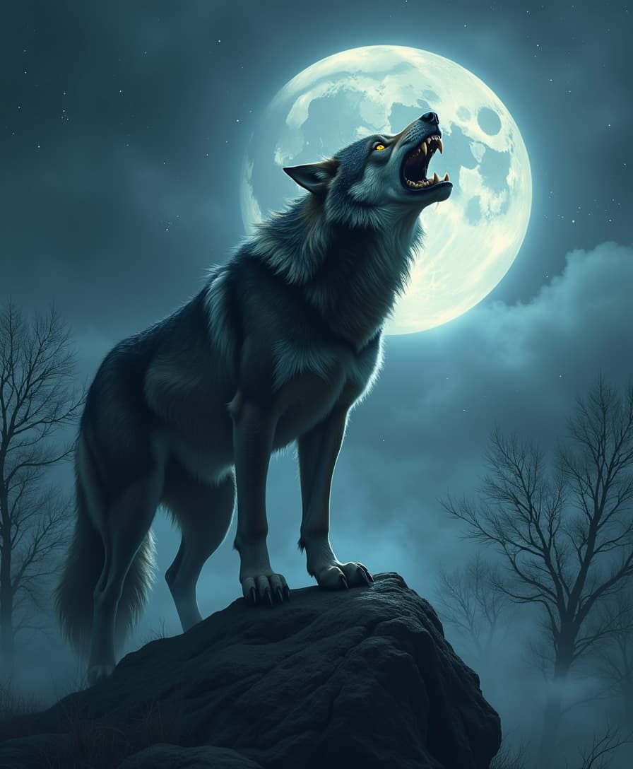 A majestic werewolf stands atop a misty, moonlit mountain, its furry body silhouetted against a dark, starry night sky, as it lets out a haunting, mournful howl, its long, pointed ears perked up and its piercing yellow eyes gleaming with an otherworldly intensity, its sharp teeth bared in a snarling expression, its clawed paws grasping the rocky terrain, amidst a backdrop of ancient, gnarled trees that seem to tremble with the force of the werewolf's primal cry, the air thick with an eerie, supernatural energy.

