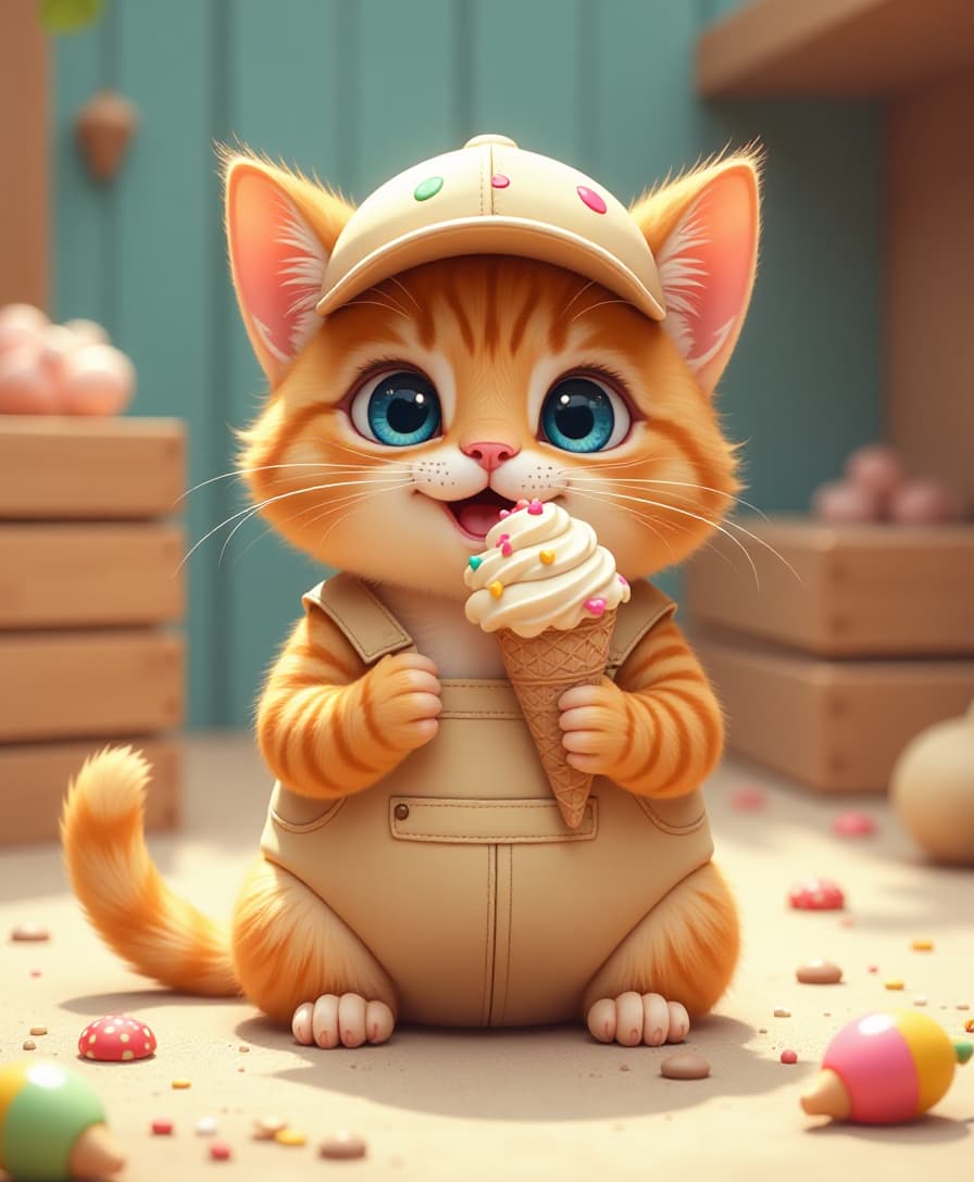A small, anthropomorphic ginger cat, positioned in the center of the image, is seated.  The cat wears a light beige painter's cap adorned with colorful paint splatters and a matching beige overall suit, also with colorful paint splatters.  The cat's large, expressive blue eyes and slightly open mouth convey a playful, joyful expression.  The cat appears to be eating an ice cream cone. The cat's body is plump and round, with short legs. The backdrop features wooden crates, scattered small objects resembling candies and sweets, and a sandy-colored ground.  The lighting is bright and highlights the cat's fur and the ice cream. The colors are vibrant and playful, with warm tones like ginger and beige dominating, complemented by the colorful splatters and ice cream. The perspective is at a slightly elevated angle, providing a view of the cat from above the ground.  The overall style is whimsical, cute, and cartoonish, creating a cheerful atmosphere.  A light source, likely the sun, casts a soft, warm glow, illuminating the cat and creating subtle shadows. The image has a highly detailed and smooth finish, characteristic of a digital illustration.