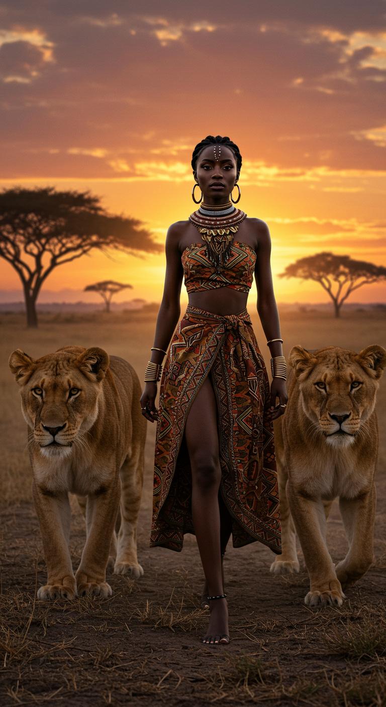 An ultra-realistic, hyper-detailed cinematic photograph of a regal African woman walking through the golden savanna at sunset, flanked by two powerful lions. She has deep, rich ebony skin with a smooth, natural glow, reflecting the warm hues of the setting sun. Her eyes are fierce and captivating, and she wears intricately designed tribal attire—an ornately patterned crop top and a flowing wrap skirt adorned with detailed African geometric embroidery.

Her accessories include large golden hoop earrings, a beaded choker necklace, and finely crafted bracelets that catch the light. Her braided hair is styled elegantly, adding to her commanding presence. The lions beside her are massive and majestic, their muscular bodies moving in sync with hers. Their golden fur shimmers in the soft light, with individual strands visible, and their eyes radiate power and loyalty.

The background features a breathtaking African savanna landscape with acacia trees silhouetted against a glowing sunset sky, transitioning from deep orange to soft pink and purple. Dust subtly rises from the dry earth as they walk, adding an atmospheric realism. The details in the fabric, skin texture, lion fur, and lighting are so refined that the image looks like a high-resolution photograph taken with a professional camera.
