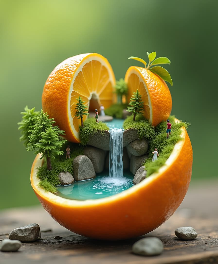 Image is a surreal digital artwork featuring a halved orange, with the top half positioned above the bottom, creating a miniature landscape. Inside the bottom half, a small pond is formed, with water cascading from the top half like a waterfall. The scene includes tiny, detailed figures of people engaging in various activities around the pond, surrounded by miniature trees and rocks. The vibrant orange of the fruit contrasts with the lush green of the trees and the clear blue of the water, creating a whimsical and imaginative scene. The background is softly blurred, emphasizing the central composition of the orange and its miniature world.