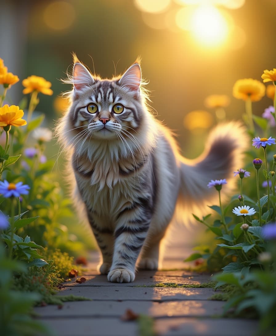 Nicholas the cat, a Silver tabby  and beige feline long hair Persian doll face, cute , with bright green yellow eyes and a pink nose, very fluffy tail walking through a lush, vibrant garden filled with blooming flowers of yellow, and blue hues, on a warm evening with the sun casting a gentle golden light, his ears perked up and tail twitching as He pauses to listen intently to a faint, whispered sound, his whiskers slightly quivering with curiosity, his fur slightly ruffled by the gentle evening breeze, as the garden's stone pathway and surrounding foliage cast long, dramatic shadows behind him