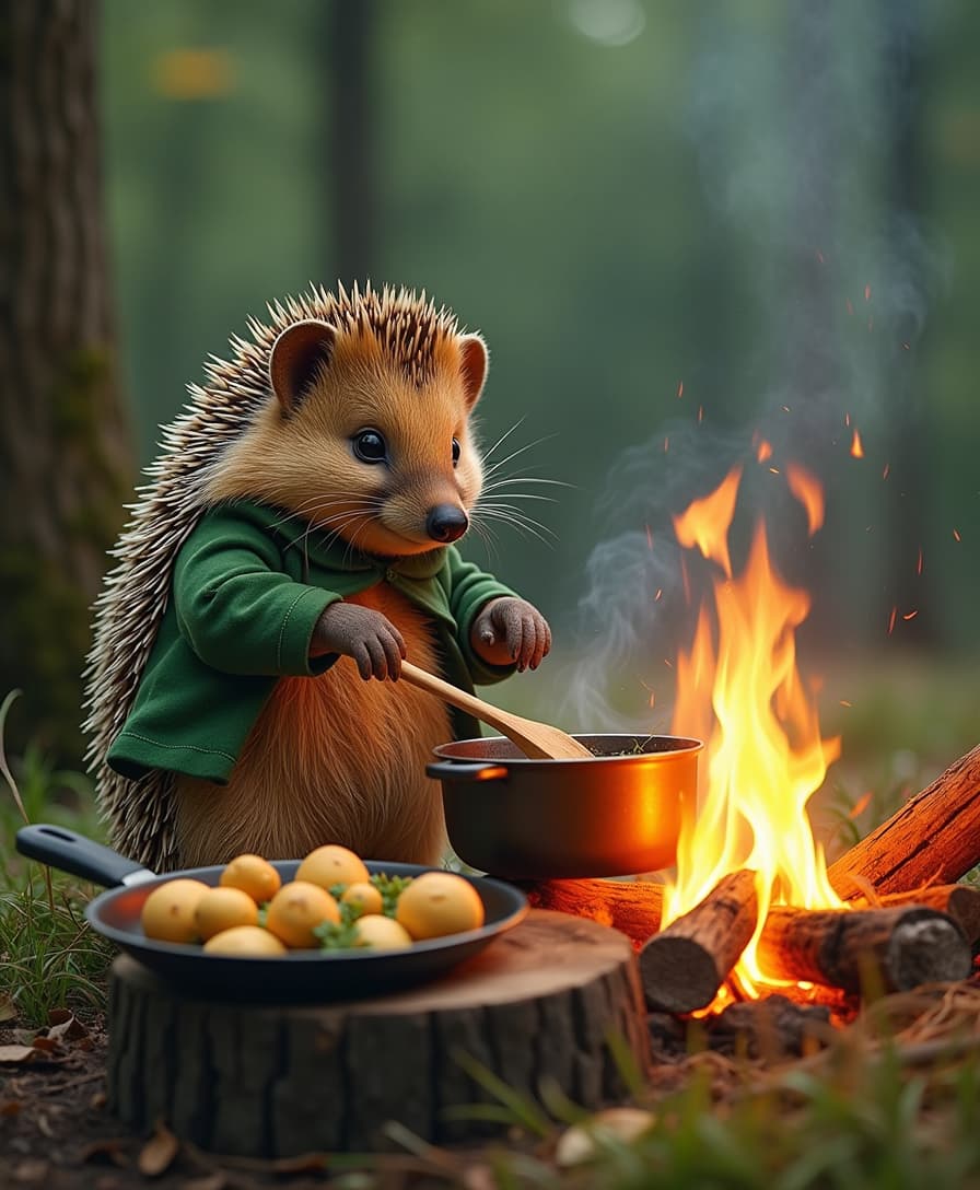 An outdoor woodland scene of the hedgehog chef cooking over a campfire beside a tree stump table. The hedgehog stirs a bubbling pot with a wooden spoon while a skillet filled with golden mushrooms and herbs simmers nearby. The glow of the fire lights up the chef's green jacket and creates a warm, inviting atmosphere.