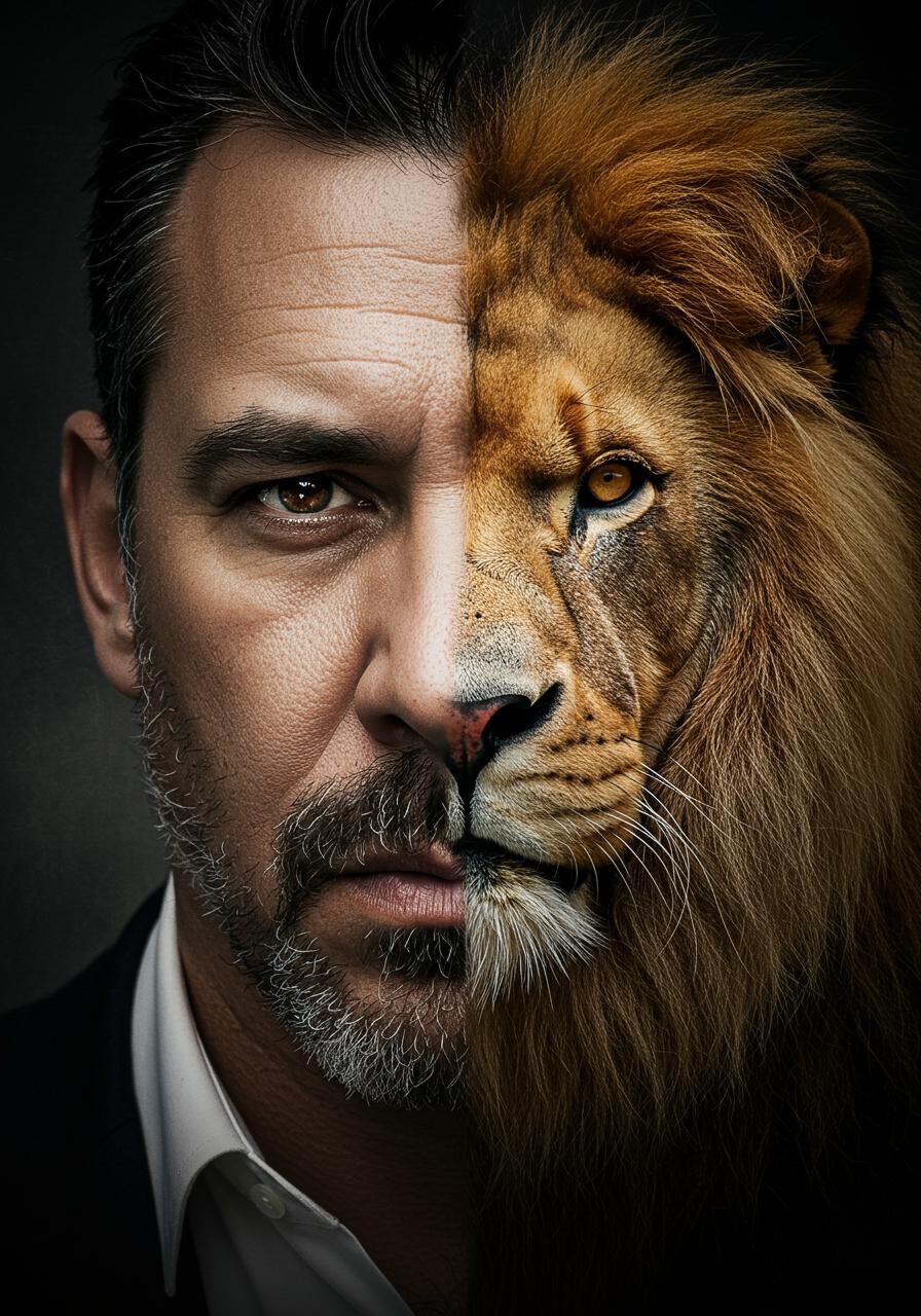 A stunning, hyper-realistic portrait featuring the left half of a gangster's face, complete with a strong jawline, piercing brown eyes, and a wispy five o'clock shadow, blending seamlessly with the right half of a regal lion's face, boasting a shaggy mane, a powerful nose, and a fierce gaze, as if the two personas are harmoniously coexisting in a bold, symbolic representation of contrasts, with the gangster's skin tone a weathered, olive complexion and the lion's fur a majestic, tawny golden hue, set against a dark, muted background that accentuates the dramatic, high-contrast fusion of these two disparate entities, with intricate details and textures that invite the viewer to explore the nuances of this captivating, surreal image.