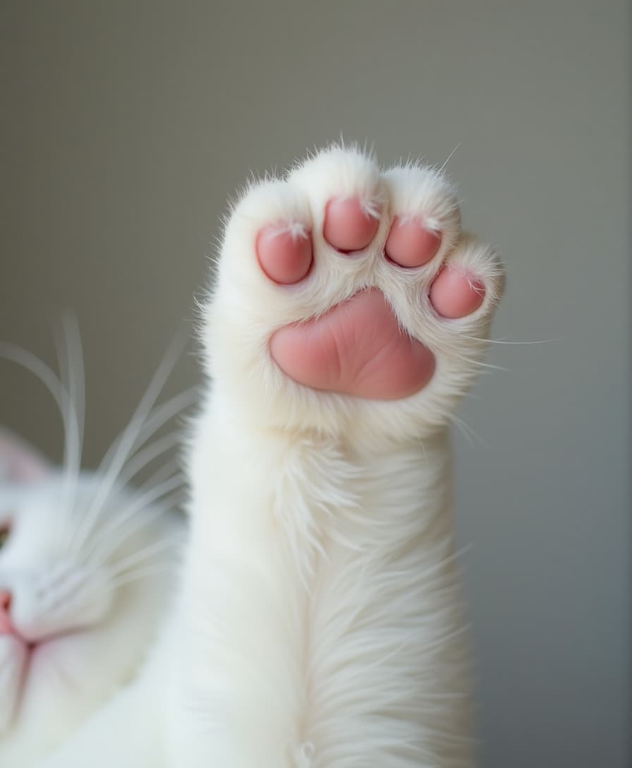 The image is a close-up photograph focusing on the cat’s paw. The paw is raised, showing off the soft pink pads and white fluffy fur. The background is blurred, creating a bokeh effect that emphasizes the paw as the central object. The lighting is soft and natural, highlighting the texture of the fur and the smoothness of the pads. The overall composition is simple and minimalist, with the paw slightly off-center, adding a dynamic element to the image. The colors are muted, with the white fur contrasting softly with the pink pads and neutral tones of the background.