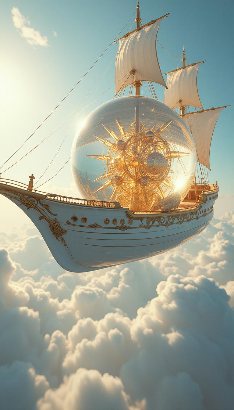 The camera is positioned at a wide-angle, low-angle shot to emphasize the grandeur of the floating ship. The ship is designed in pristine white tones with intricate golden patterns and decorative elements that reflect sunlight. Its body is smooth and curved, with sails made of glowing energy, shimmering in soft shades of blue and gold.

At the center of the scene is a massive crystal sphere (crystal sphere, highly detailed, semi-transparent), containing a complex mechanism with rotating golden gears (intricate golden gears, steampunk-inspired) and shimmering tubes emitting a soft, magical glow. Surrounding the sphere, miniature floating toy trains (floating toy trains, glowing rails) move along invisible tracks, leaving behind a faint ethereal light trail (ethereal light trail effect).

Background: A sky filled with soft, fluffy clouds (soft, fluffy clouds, sunlight filtering through), with floating islands and futuristic cities (floating islands, futuristic skyline, golden reflections) visible in the distance.

Lighting effects: Soft ambient lighting (soft ambient lighting), gentle glow on metal and glass surfaces (subtle golden glow on metal and glass).

Additional details: Stained glass windows (stained glass windows, intricate patterns) reflect light, adding to the enchanting atmosphere. A light golden dust (floating golden dust particles, cinematic effect) floats in the air, enhancing the sense of magic.

