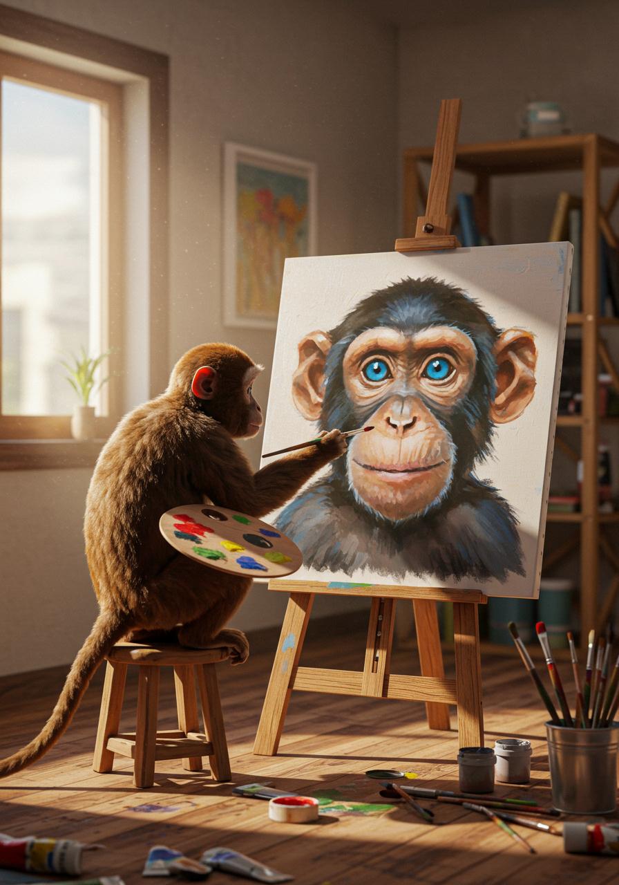 A monkey is painting a monkey on a canvas in room 
